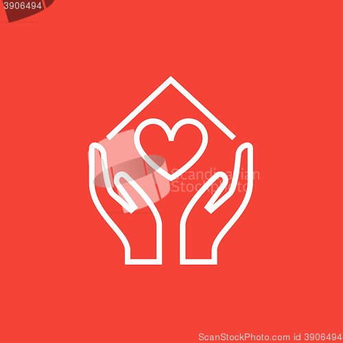 Image of Hands holding house symbol with heart shape line icon.