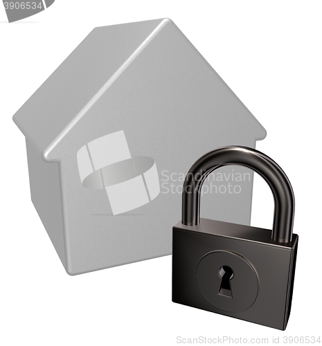 Image of house model and padlock - 3d rendering