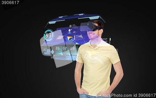 Image of happy man in virtual reality headset or 3d glasses