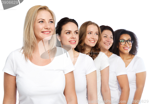 Image of group of happy different women in white t-shirts