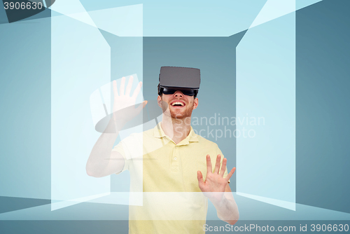 Image of happy man in virtual reality headset or 3d glasses