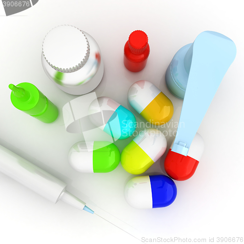 Image of Syringe, tablet, pill jar. 3D illustration