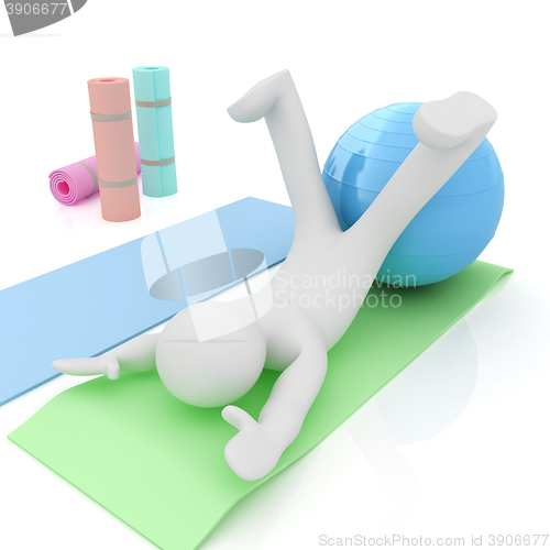 Image of 3d man on a karemat with fitness ball. 3D illustration
