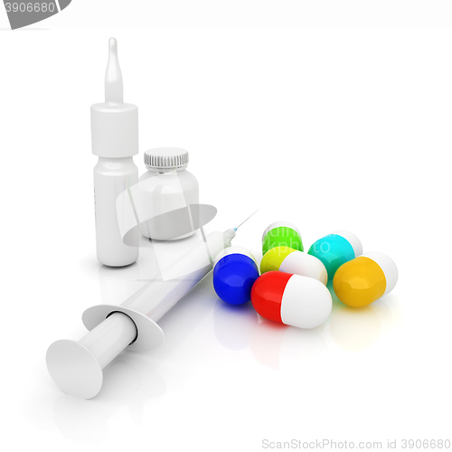 Image of Syringe, tablet, pill jar. 3D illustration