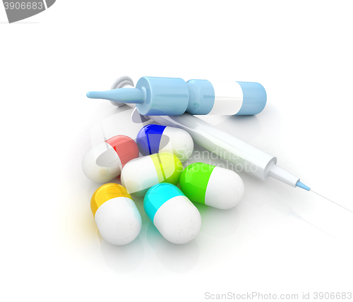 Image of Syringe, tablet, pill jar. 3D illustration