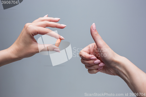 Image of The female hands holding pill capsule closeup. 