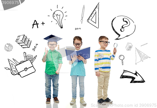 Image of kids in glasses with book, lens and bachelor hat