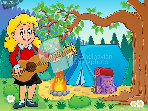 Image of Girl guitar player in campsite theme 2