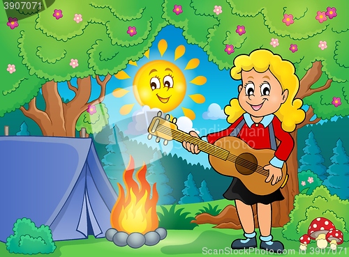 Image of Girl guitar player in campsite theme 1
