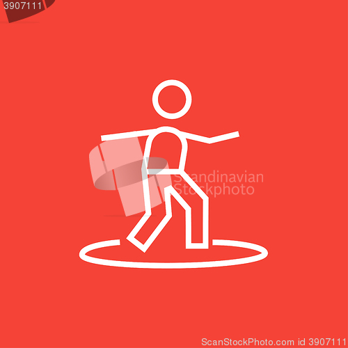 Image of Male surfer riding on surfboard line icon.