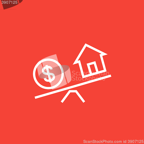 Image of House and dollar symbol on scales line icon.