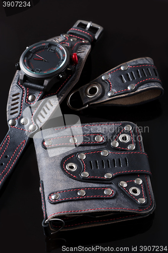 Image of accessory kit. biker watch, wallet and key ring. 