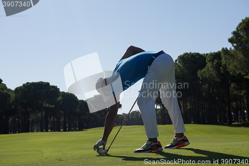 Image of golf player placing ball on tee