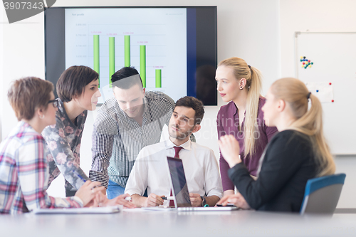 Image of young business people group on meeting at modern office