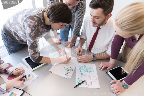 Image of young business people group on meeting at modern office