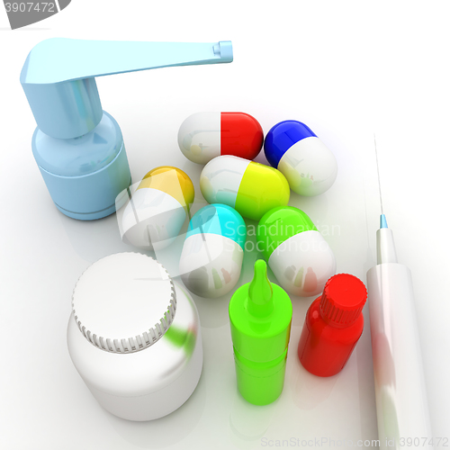 Image of Syringe, tablet, pill jar. 3D illustration