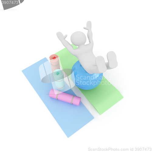 Image of 3d man on a karemat with fitness ball. 3D illustration