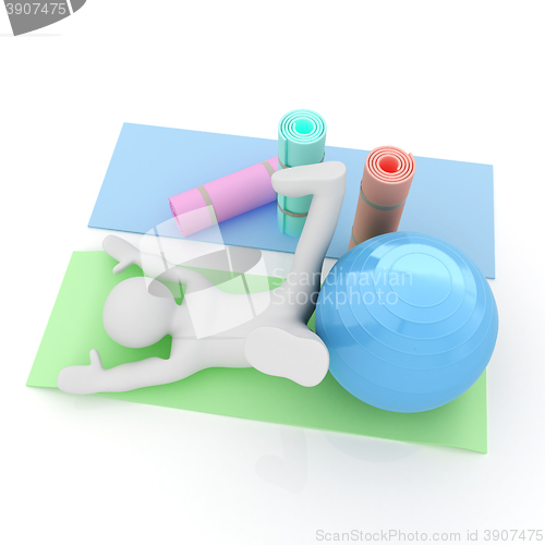 Image of 3d man on a karemat with fitness ball. 3D illustration