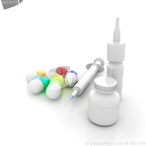 Image of Syringe, tablet, pill jar. 3D illustration