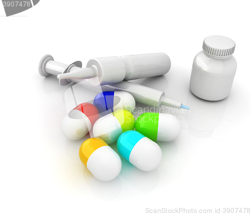 Image of Syringe, tablet, pill jar. 3D illustration