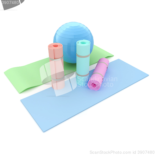 Image of karemat and fitness ball. 3D illustration