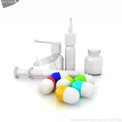 Image of Syringe, tablet, pill jar. 3D illustration