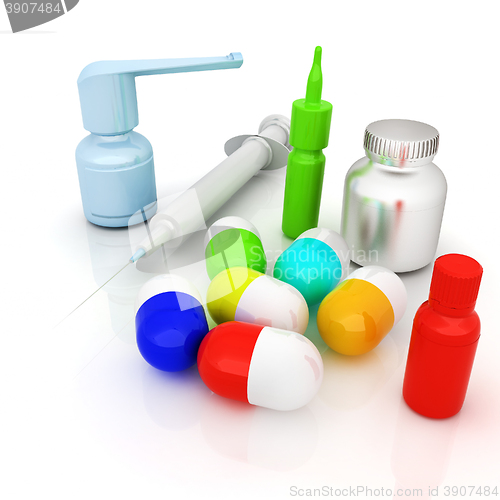 Image of Syringe, tablet, pill jar. 3D illustration