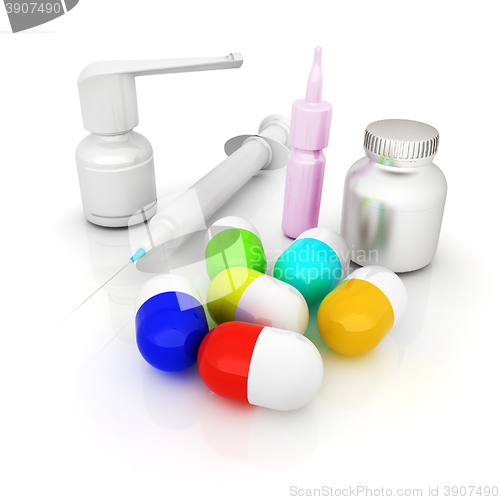 Image of Syringe, tablet, pill jar. 3D illustration