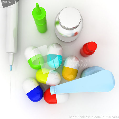 Image of Syringe, tablet, pill jar. 3D illustration