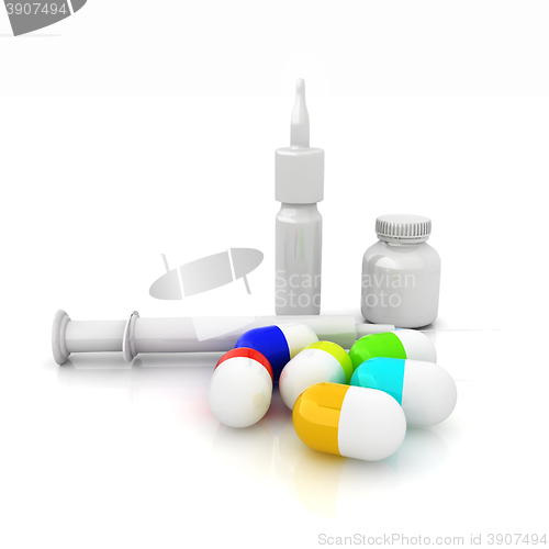 Image of Syringe, tablet, pill jar. 3D illustration