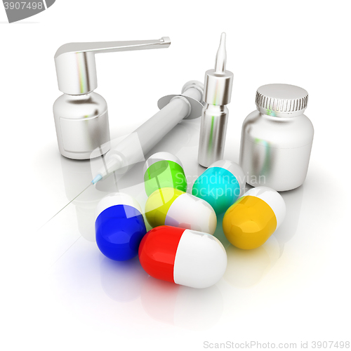 Image of Syringe, tablet, pill jar. 3D illustration