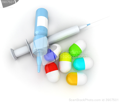 Image of Syringe, tablet, pill jar. 3D illustration