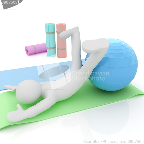 Image of 3d man on a karemat with fitness ball. 3D illustration