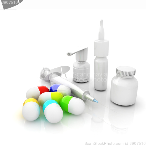 Image of Syringe, tablet, pill jar. 3D illustration