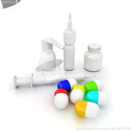 Image of Syringe, tablet, pill jar. 3D illustration