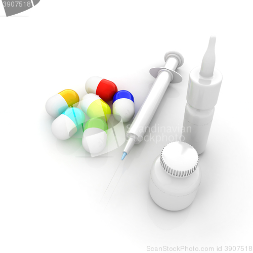 Image of Syringe, tablet, pill jar. 3D illustration