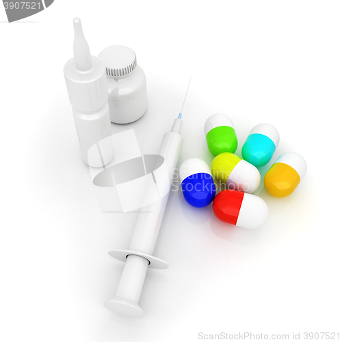 Image of Syringe, tablet, pill jar. 3D illustration