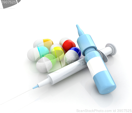 Image of Syringe, tablet, pill jar. 3D illustration