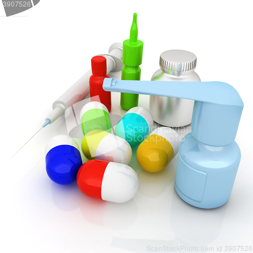 Image of Syringe, tablet, pill jar. 3D illustration