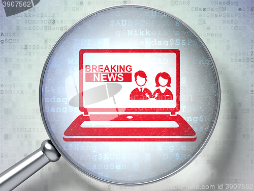 Image of News concept: Breaking News On Laptop with optical glass on digital background