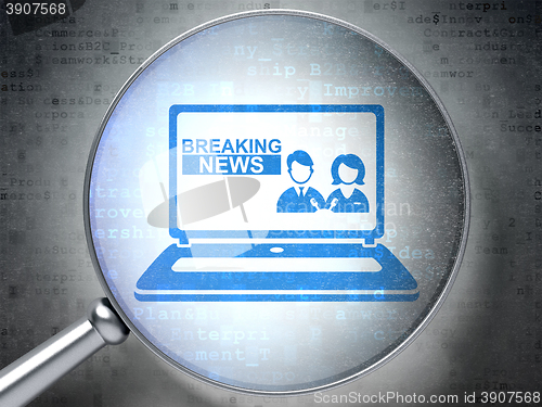 Image of News concept: Breaking News On Laptop with optical glass on digital background