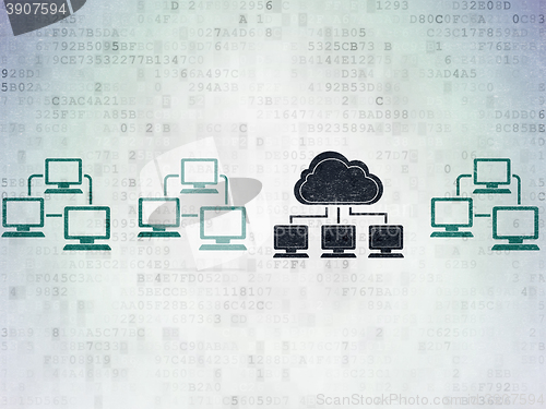 Image of Cloud computing concept: cloud network icon on Digital Data Paper background