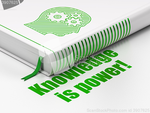 Image of Studying concept: book Head With Gears, Knowledge Is power! on white background