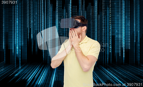 Image of happy man in virtual reality headset or 3d glasses