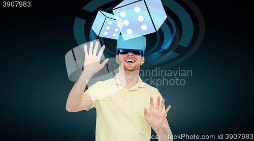 Image of happy man in virtual reality headset or 3d glasses