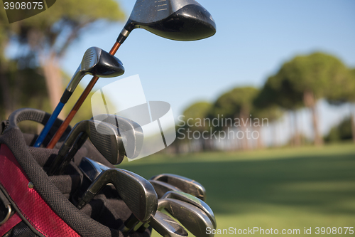 Image of close up golf bag on course