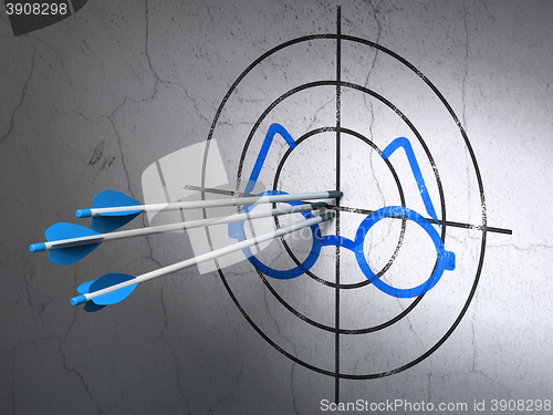 Image of Science concept: arrows in Glasses target on wall background