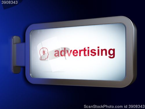 Image of Marketing concept: Advertising and Head With Lightbulb on billboard background