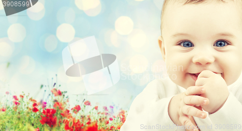 Image of beautiful happy baby over poppy field background