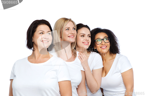 Image of group of happy different women in white t-shirts